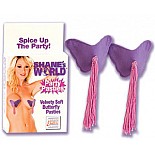 <strong>Бабочки сиреневые для сосков</strong> <br />
Сиреневые бабочки с кисточками на соски. Крепятся на мягкий двухсторонний скотч (в комплекте). <div class="charTableblock"> </div> Бабочки сиреневые для сосков 
Сиреневые бабочки с кисточками на соски. Крепятся на мягкий двухсторонний скотч (в комплекте).