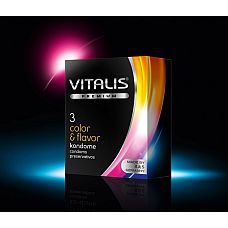 Цветные ароматизированные презервативы VITALIS premium №3 Color   flavor - 3 шт. 
Презерватив из натурального каучукового латекса, цветной, с ароматом, смазкой и накопителем.