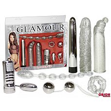 Эротический набор  Glamour  
Набор эротических игрушек, состоящий из 7 предметов  возбуждающе переливающегося серебристого цвета для разнообразных любовных утех вдвоём или в одиночку.