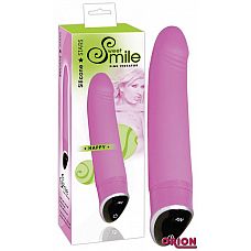 Розовый вибратор Smile Happy - 22 см. 
Любимец женщин!  Этот слегка изогнутый вибратор с ярко выраженной головкой обеспечивает достижение вершин удовольствия с помощью своих  7 уровней вибрации, которые легко меняются простым нажатием на кнопку.