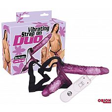 Страпон с вибрацией и вагинальной пробкой STRAP ON DUO - 18 см. 
Для волнующих ролевых игр! Двойной страпон-вибратор, сделанный из фиолетового геля.