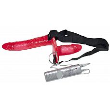 Красный женский страпон с вагинальной пробкой Bad Kitty - 18 см. 
Красный двойной страпон вибратор.