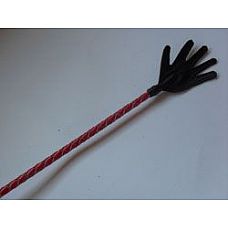 Короткий красный плетеный стек с наконечником-ладошкой - 70 см. 
Стек состоит из гибкой основы, овитой натуральной кожей, наконечника и удобной рукояти с петлей для надевания на руку (темляк).