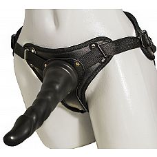 Женский страпон с чёрной насадкой и вагинальной пробкой - 17,5 см. 
Двойной фаллоимитатор на поясе для женщин.