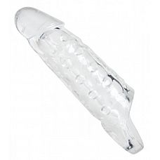 Увеличивающая насадка на пенис с кольцом для мошонки 
Этот гладкий, прозрачный усилитель длины имеет удерживающий ремешок для мошонки.