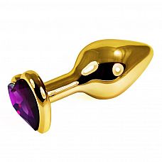 Золотистая анальная втулка с фиолетовым кристаллом-сердцем - 7 см. 
Небольшая анальная втулка выполнена из металла и имеет размеры, подходящие для ношения и использования новичками.