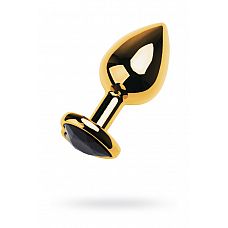 Золотистый анальный плаг с чёрным кристаллом-сердцем - 8,5 см. 
Такой золотой страз с кристаллом в форме сердечка не только украсит ваши игры, но и заметно сузит пространство внутри.