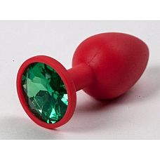 Красная анальная втулка с зеленым кристаллом - 7,3 см. 
Гладенькая силиконовая пробка с кристаллом в ограничительном основании. 