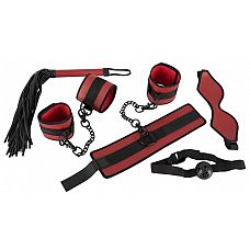 Красно-черный набор из 5 предметов для БДСМ-игр 
Все что вам нужно для захватывающих сеансов рабства! Набор из 5 предметов: непрозрачная маска на глаза, кляп с отверстиями, удобная плеть, наручники и поножи.