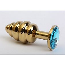 Золотистая рифлёная пробка с голубым стразом - 8,2 см. 
Фигурная анальная пробка из металла под золото с ярким кристаллом внесет разнообразие в вашу интимную жизнь.