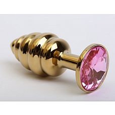 Золотистая рифлёная пробка с розовым стразом - 8,2 см. 
Фигурная анальная пробка из металла под золото с ярким кристаллом внесет разнообразие в вашу интимную жизнь.