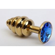 Золотистая рифлёная пробка с синим стразом - 8,2 см. 
Фигурная анальная пробка из металла под золото с ярким кристаллом внесет разнообразие в вашу интимную жизнь.