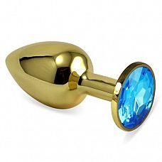 Золотистая средняя пробка с голубым кристаллом - 8,5 см. 
Гладенькая металлическая пробка с кристаллом в ограничительном основании.