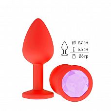 Красная анальная втулка с сиреневым кристаллом - 7,3 см.  
Гладенькая силиконовая пробка с кристаллом в ограничительном основании.