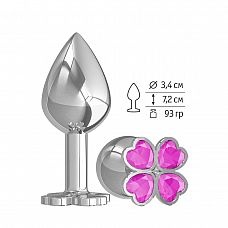 Средняя серебристая анальная втулка с клевером из розовых кристаллов - 8,5 см. 
Широкое основание пробки гарантирует безопасное использование.