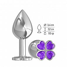 Средняя серебристая анальная втулка с клевером из фиолетовых кристаллов - 8,5 см. 
Широкое основание пробки гарантирует безопасное использование.