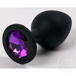  Чёрная анальная втулка с фиолетовым кристаллом - 7,3 см.